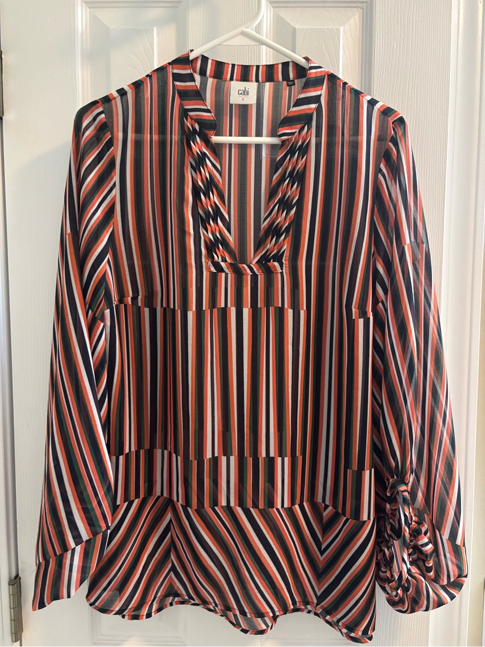 Cabi Ultimate Blouse
Striped Long-Sleeve V-Neck Blouse in Multi-Color